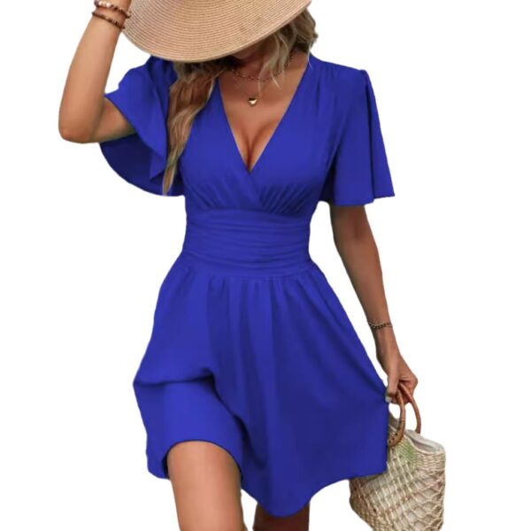 Summer new deep V-neck ruffle sleeves solid color pleated dress - Image 5