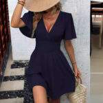 Summer new deep V-neck ruffle sleeves solid color pleated dress
