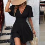 Summer new deep V-neck ruffle sleeves solid color pleated dress - Image 2
