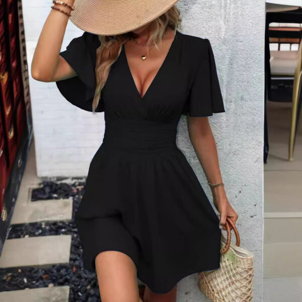 Summer new deep V-neck ruffle sleeves solid color pleated dress - Image 2