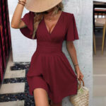 Summer new deep V-neck ruffle sleeves solid color pleated dress - Image 3