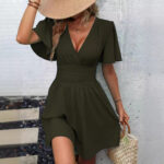 Summer new deep V-neck ruffle sleeves solid color pleated dress - Image 4
